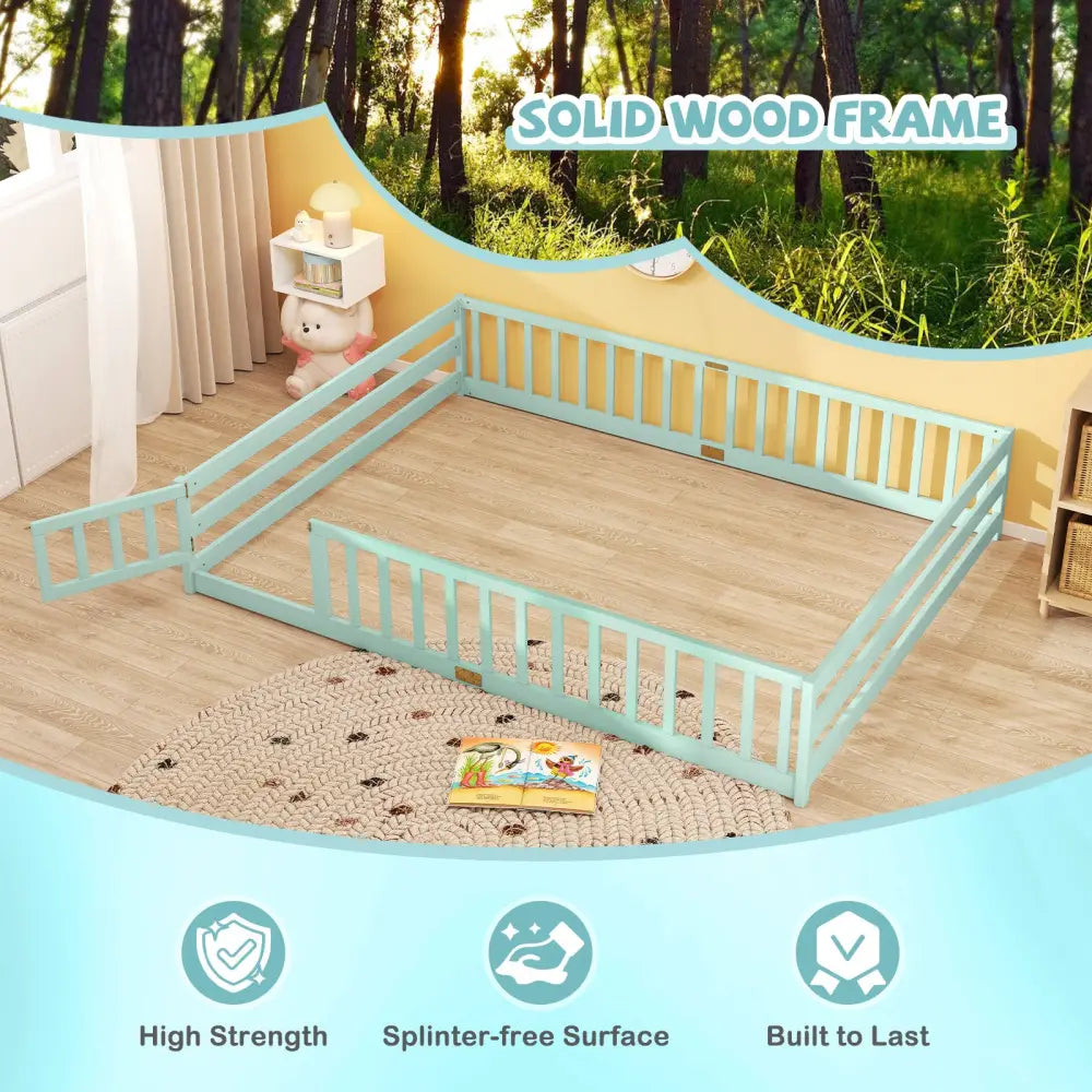 Queen Size Floor Bed Kids Montessori Bed Frame with Full Length Safety Guardrails-Green - Green - Simple Bed Frame