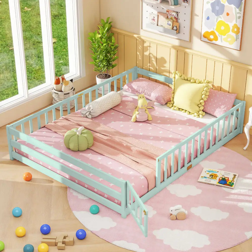 Queen Size Floor Bed Kids Montessori Bed Frame with Full Length Safety Guardrails-Green - Green - Simple Bed Frame