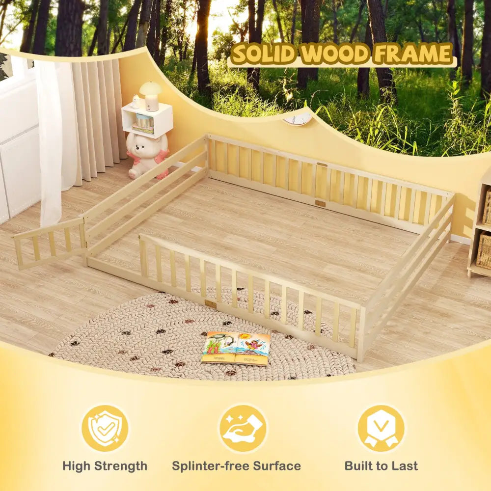 Queen Size Floor Bed Kids Montessori Bed Frame with Full Length Safety Guardrails-Natural - Natural - Simple Bed Frame