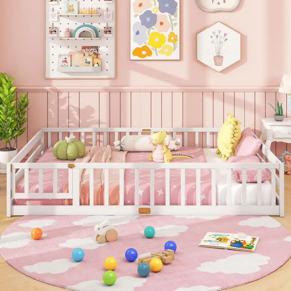 Queen Size Floor Bed Kids Montessori Bed Frame with Full Length Safety Guardrails-White - White - Simple Bed Frame