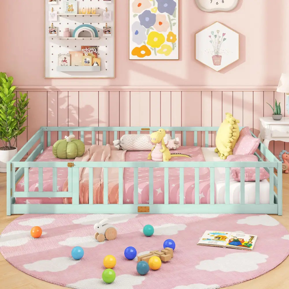 Queen Size Floor Bed Kids Montessori Bed Frame with Full Length Safety Guardrails-Green - Green - Simple Bed Frame