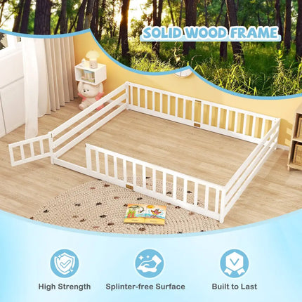Queen Size Floor Bed Kids Montessori Bed Frame with Full Length Safety Guardrails-White - White - Simple Bed Frame