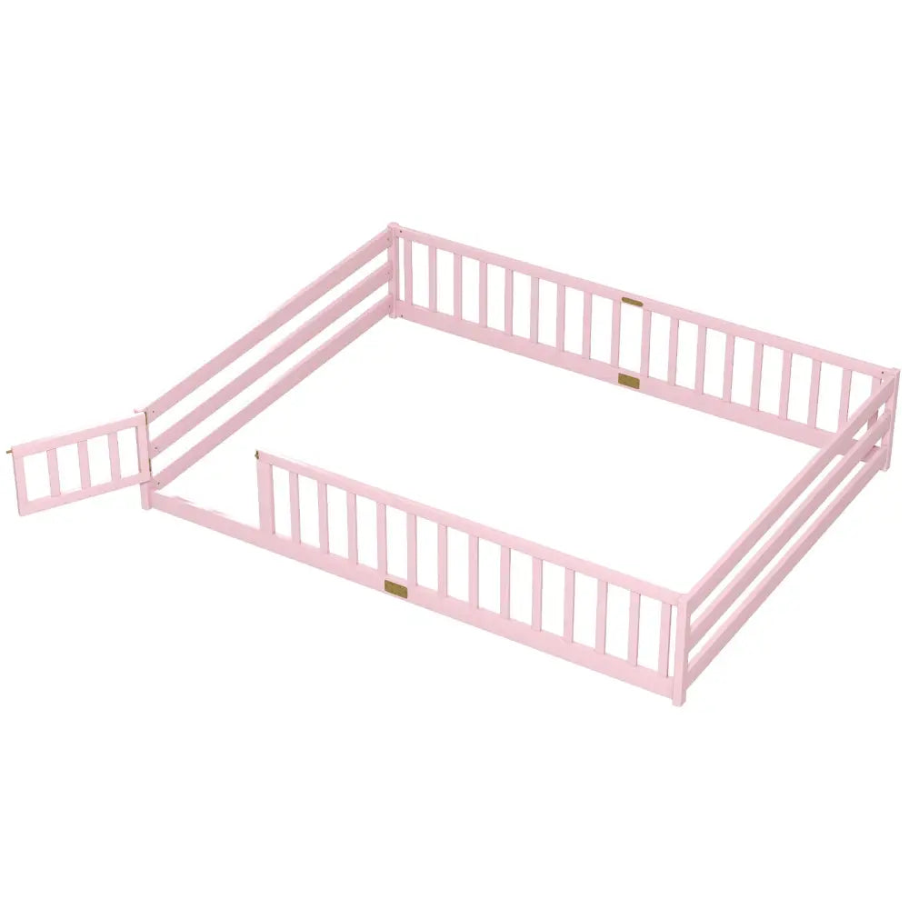 Queen Size Floor Bed Kids Montessori Bed Frame with Full Length Safety Guardrails-Pink - Pink - Simple Bed Frame