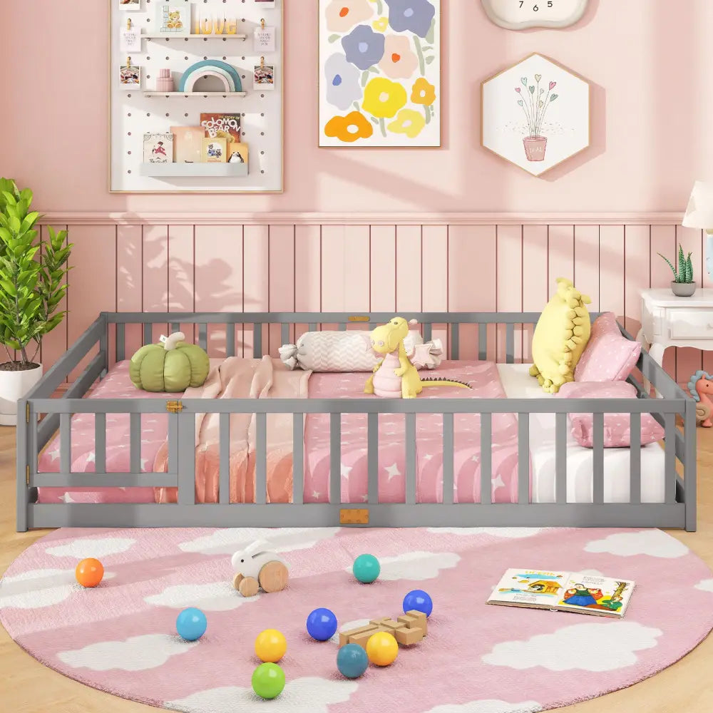 Queen Size Floor Bed Kids Montessori Bed Frame with Full Length Safety Guardrails-Gray - Gray - Simple Bed Frame
