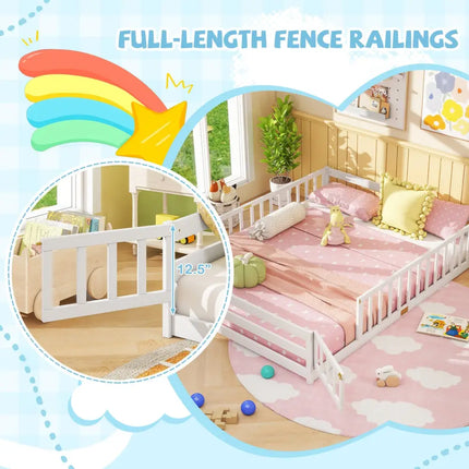 Queen Size Floor Bed Kids Montessori Bed Frame with Full Length Safety Guardrails-White - White - Simple Bed Frame