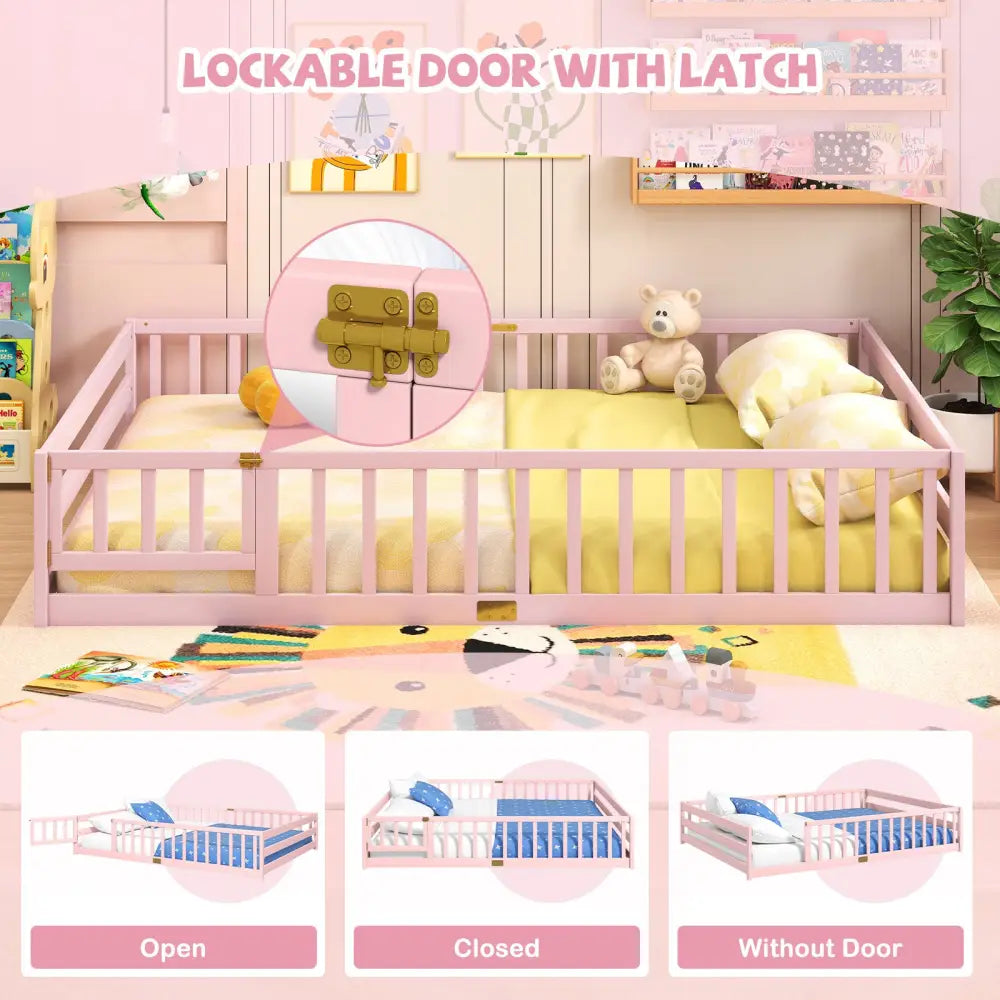 Queen Size Floor Bed Kids Montessori Bed Frame with Full Length Safety Guardrails-Pink - Pink - Simple Bed Frame