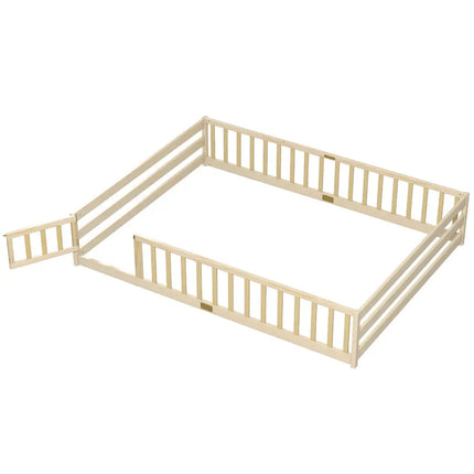 Queen Size Floor Bed Kids Montessori Bed Frame with Full Length Safety Guardrails-Natural - Natural - Simple Bed Frame