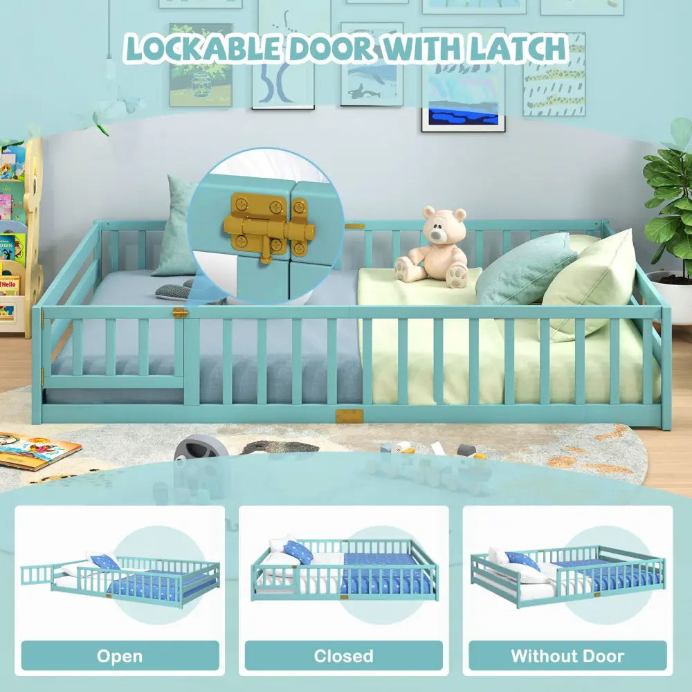 Queen Size Floor Bed Kids Montessori Bed Frame with Full Length Safety Guardrails-Dark Green - Dark Green - Simple Bed