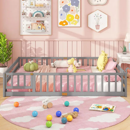 Queen Size Floor Bed Kids Montessori Bed Frame with Full Length Safety Guardrails-Gray - Gray - Simple Bed Frame