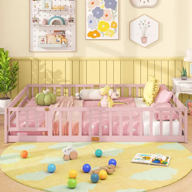 Queen Size Floor Bed Kids Montessori Bed Frame with Full Length Safety Guardrails-Pink - Pink - Simple Bed Frame