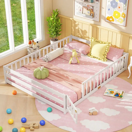 Queen Size Floor Bed Kids Montessori Bed Frame with Full Length Safety Guardrails-White - White - Simple Bed Frame