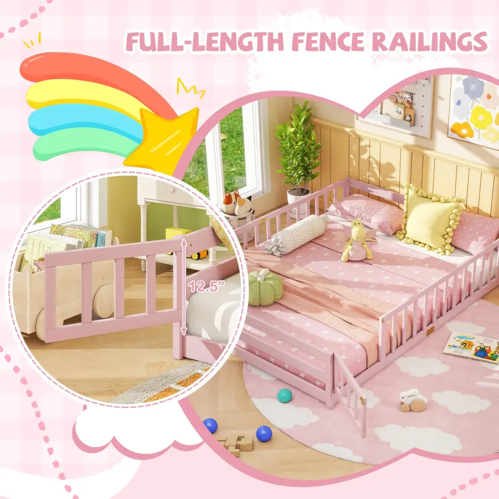 Queen Size Floor Bed Kids Montessori Bed Frame with Full Length Safety Guardrails-Pink - Pink - Simple Bed Frame