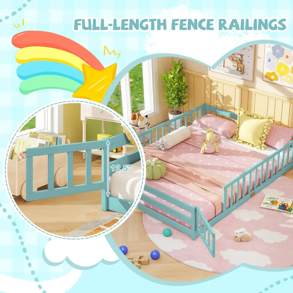 Queen Size Floor Bed Kids Montessori Bed Frame with Full Length Safety Guardrails-Dark Green - Dark Green - Simple Bed