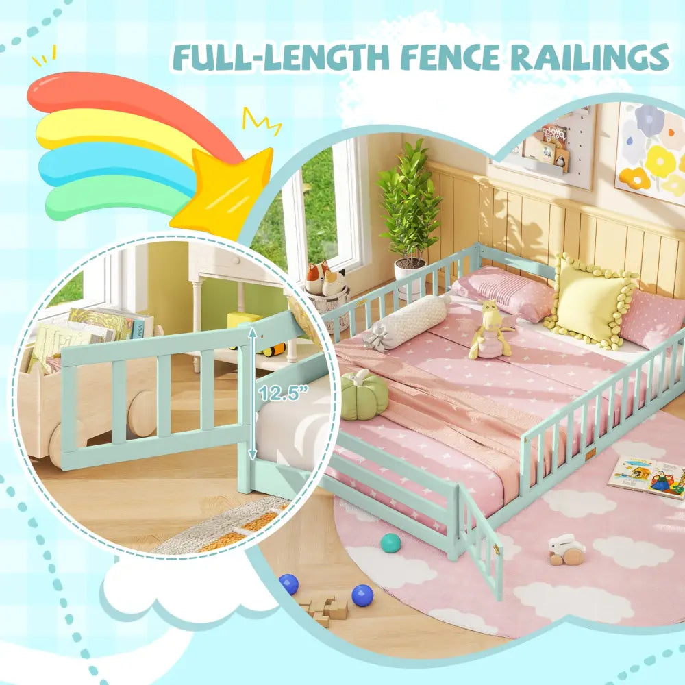 Queen Size Floor Bed Kids Montessori Bed Frame with Full Length Safety Guardrails-Green - Green - Simple Bed Frame