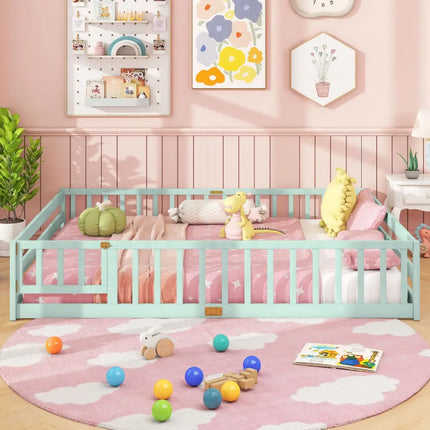 Queen Size Floor Bed Kids Montessori Bed Frame with Full Length Safety Guardrails-Green - Green - Simple Bed Frame