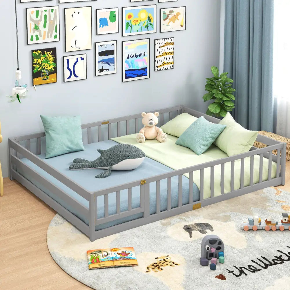 Queen Size Floor Bed Kids Montessori Bed Frame with Full Length Safety Guardrails-Gray - Gray - Simple Bed Frame