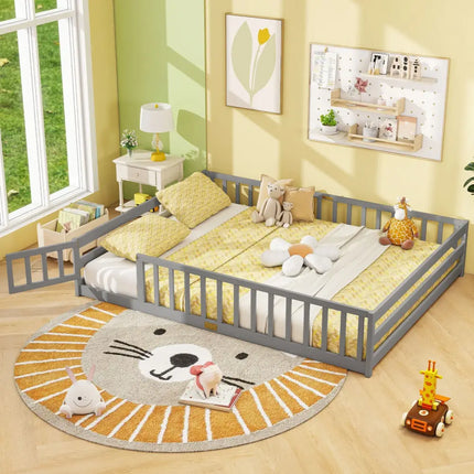 Queen Size Floor Bed Kids Montessori Bed Frame with Full Length Safety Guardrails-Gray - Gray - Simple Bed Frame