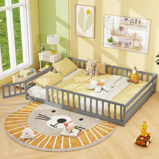 Queen Size Floor Bed Kids Montessori Bed Frame with Full Length Safety Guardrails-Gray - Gray - Simple Bed Frame