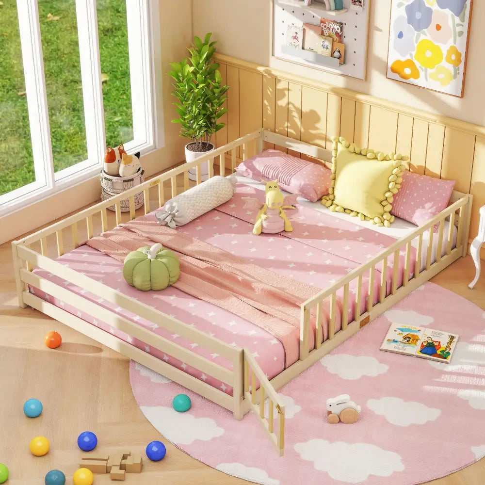 Queen Size Floor Bed Kids Montessori Bed Frame with Full Length Safety Guardrails-Natural - Natural - Simple Bed Frame