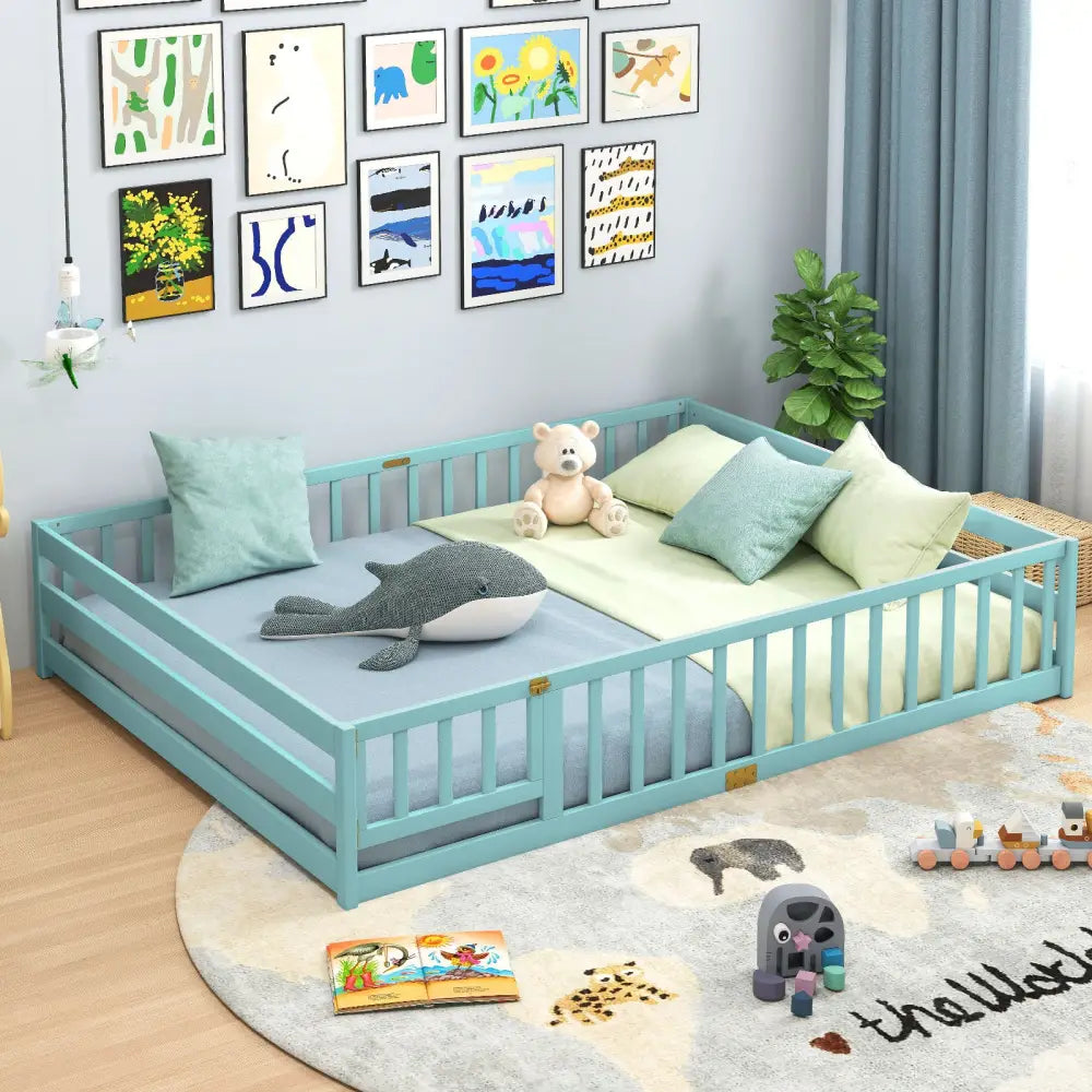 Queen Size Floor Bed Kids Montessori Bed Frame with Full Length Safety Guardrails-Dark Green - Dark Green - Simple Bed