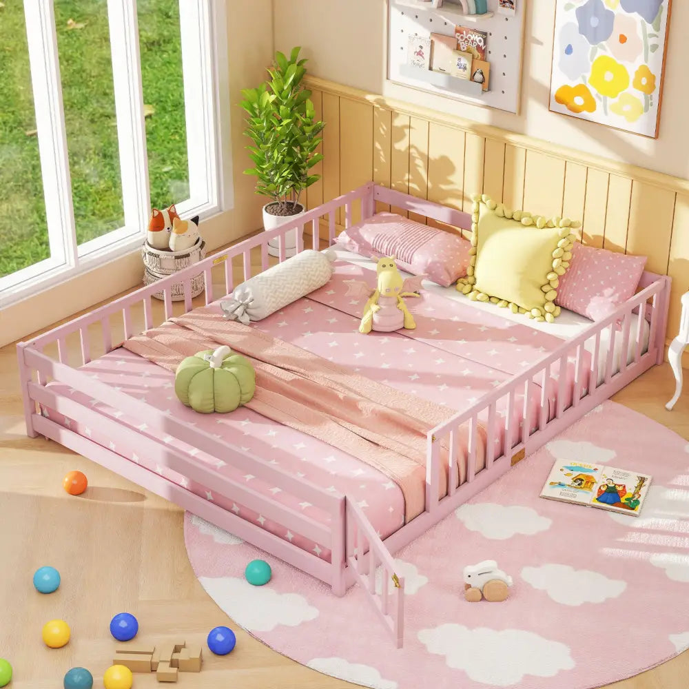 Queen Size Floor Bed Kids Montessori Bed Frame with Full Length Safety Guardrails-Pink - Pink - Simple Bed Frame