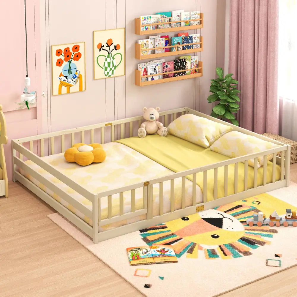 Queen Size Floor Bed Kids Montessori Bed Frame with Full Length Safety Guardrails-Natural - Natural - Simple Bed Frame