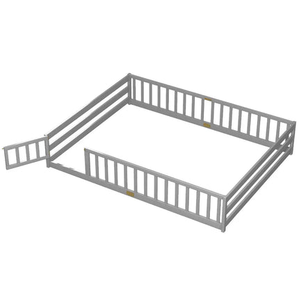 Queen Size Floor Bed Kids Montessori Bed Frame with Full Length Safety Guardrails-Gray - Gray - Simple Bed Frame