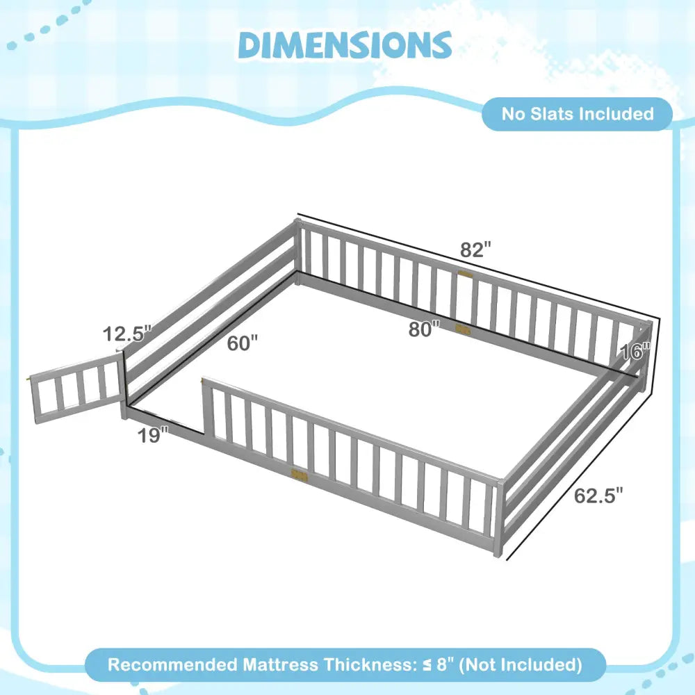 Queen Size Floor Bed Kids Montessori Bed Frame with Full Length Safety Guardrails-Gray - Gray - Simple Bed Frame