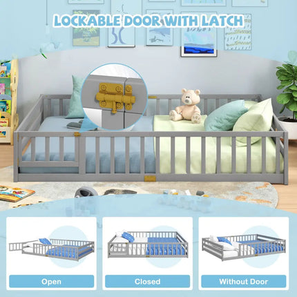 Queen Size Floor Bed Kids Montessori Bed Frame with Full Length Safety Guardrails-Gray - Gray - Simple Bed Frame