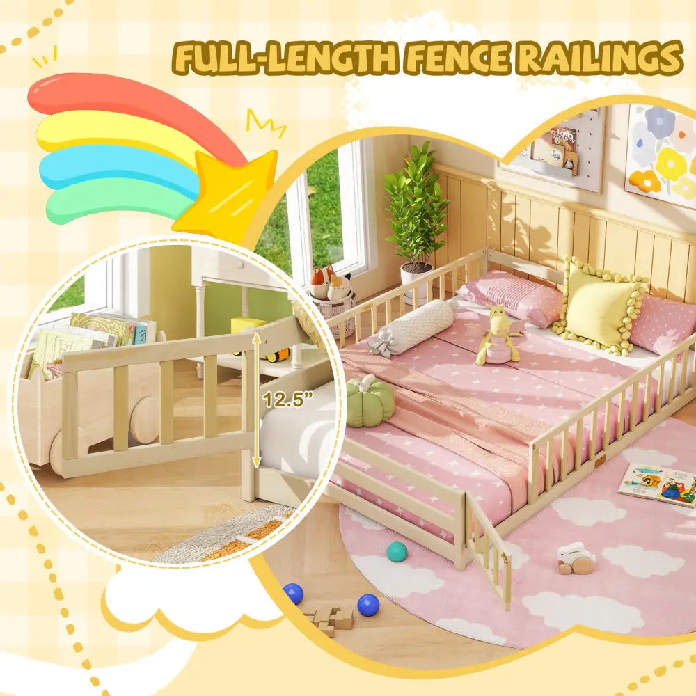 Queen Size Floor Bed Kids Montessori Bed Frame with Full Length Safety Guardrails-Natural - Natural - Simple Bed Frame