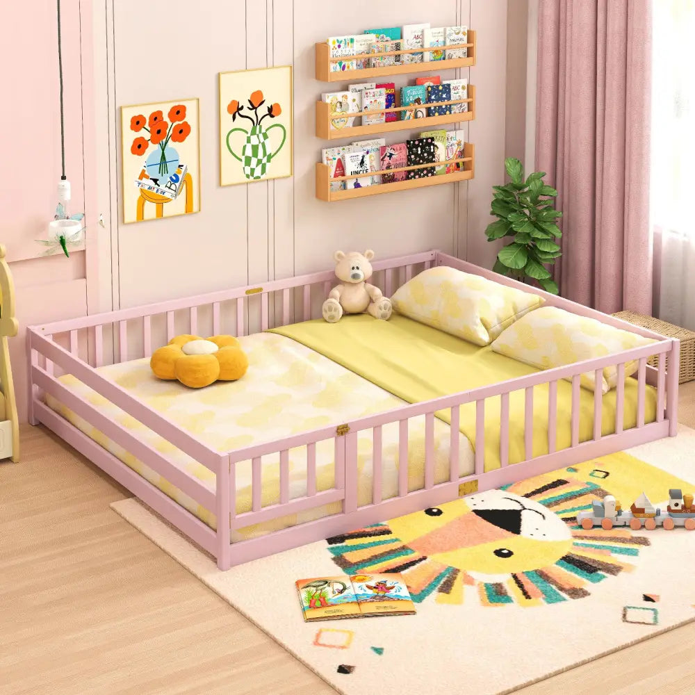 Queen Size Floor Bed Kids Montessori Bed Frame with Full Length Safety Guardrails-Pink - Pink - Simple Bed Frame