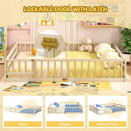 Queen Size Floor Bed Kids Montessori Bed Frame with Full Length Safety Guardrails-Natural - Natural - Simple Bed Frame