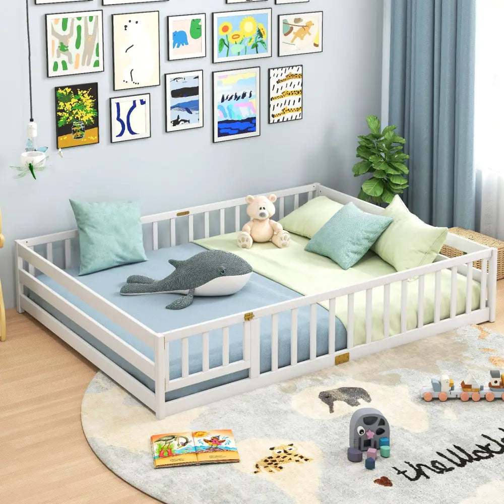 Queen Size Floor Bed Kids Montessori Bed Frame with Full Length Safety Guardrails-White - White - Simple Bed Frame
