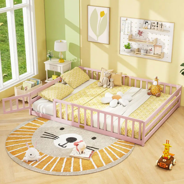 Queen Size Floor Bed Kids Montessori Bed Frame with Full Length Safety Guardrails-Pink - Pink - Simple Bed Frame