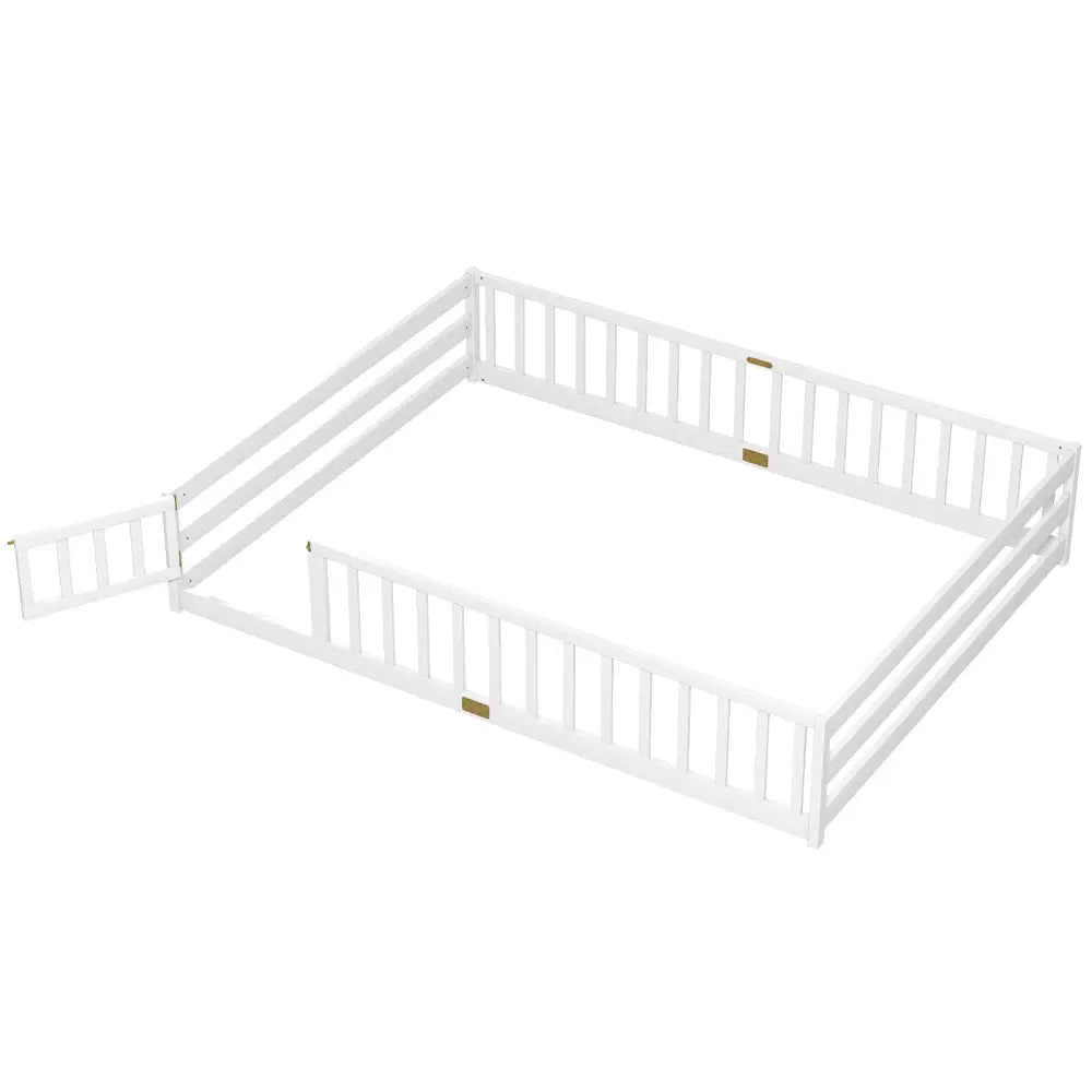 Queen Size Floor Bed Kids Montessori Bed Frame with Full Length Safety Guardrails-White - White - Simple Bed Frame