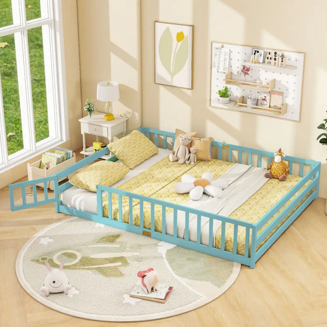 Queen Size Floor Bed Kids Montessori Bed Frame with Full Length Safety Guardrails-Dark Green - Dark Green - Simple Bed