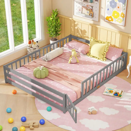 Queen Size Floor Bed Kids Montessori Bed Frame with Full Length Safety Guardrails-Gray - Gray - Simple Bed Frame
