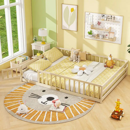 Queen Size Floor Bed Kids Montessori Bed Frame with Full Length Safety Guardrails-Natural - Natural - Simple Bed Frame