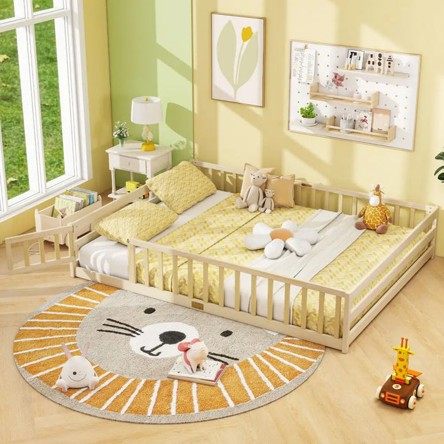 Queen Size Floor Bed Kids Montessori Bed Frame with Full Length Safety Guardrails-Natural - Natural - Simple Bed Frame