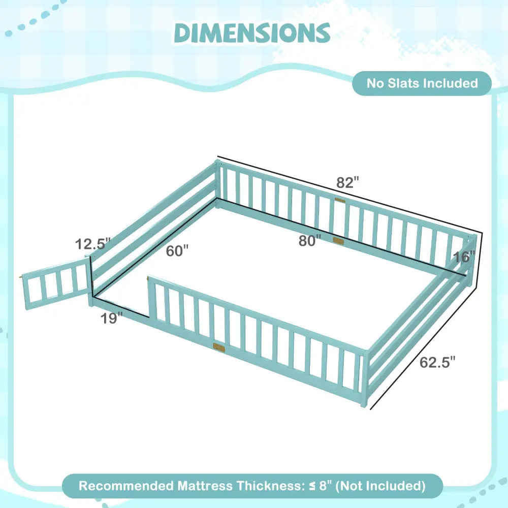 Queen Size Floor Bed Kids Montessori Bed Frame with Full Length Safety Guardrails-Dark Green - Dark Green - Simple Bed