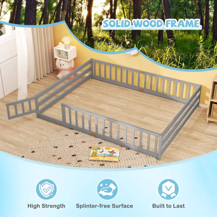 Queen Size Floor Bed Kids Montessori Bed Frame with Full Length Safety Guardrails-Gray - Gray - Simple Bed Frame