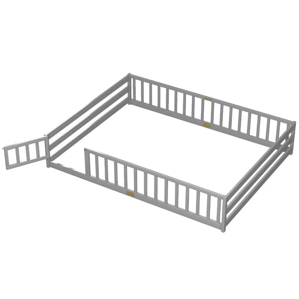 Queen Size Floor Bed Kids Montessori Bed Frame with Full Length Safety Guardrails-Gray - Gray - Simple Bed Frame