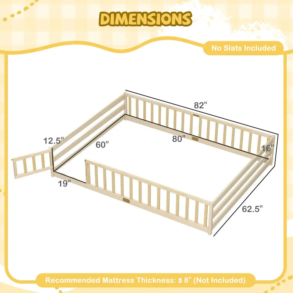 Queen Size Floor Bed Kids Montessori Bed Frame with Full Length Safety Guardrails-Natural - Natural - Simple Bed Frame