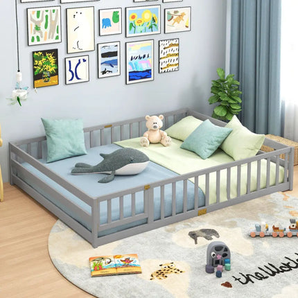 Queen Size Floor Bed Kids Montessori Bed Frame with Full Length Safety Guardrails-Gray - Gray - Simple Bed Frame