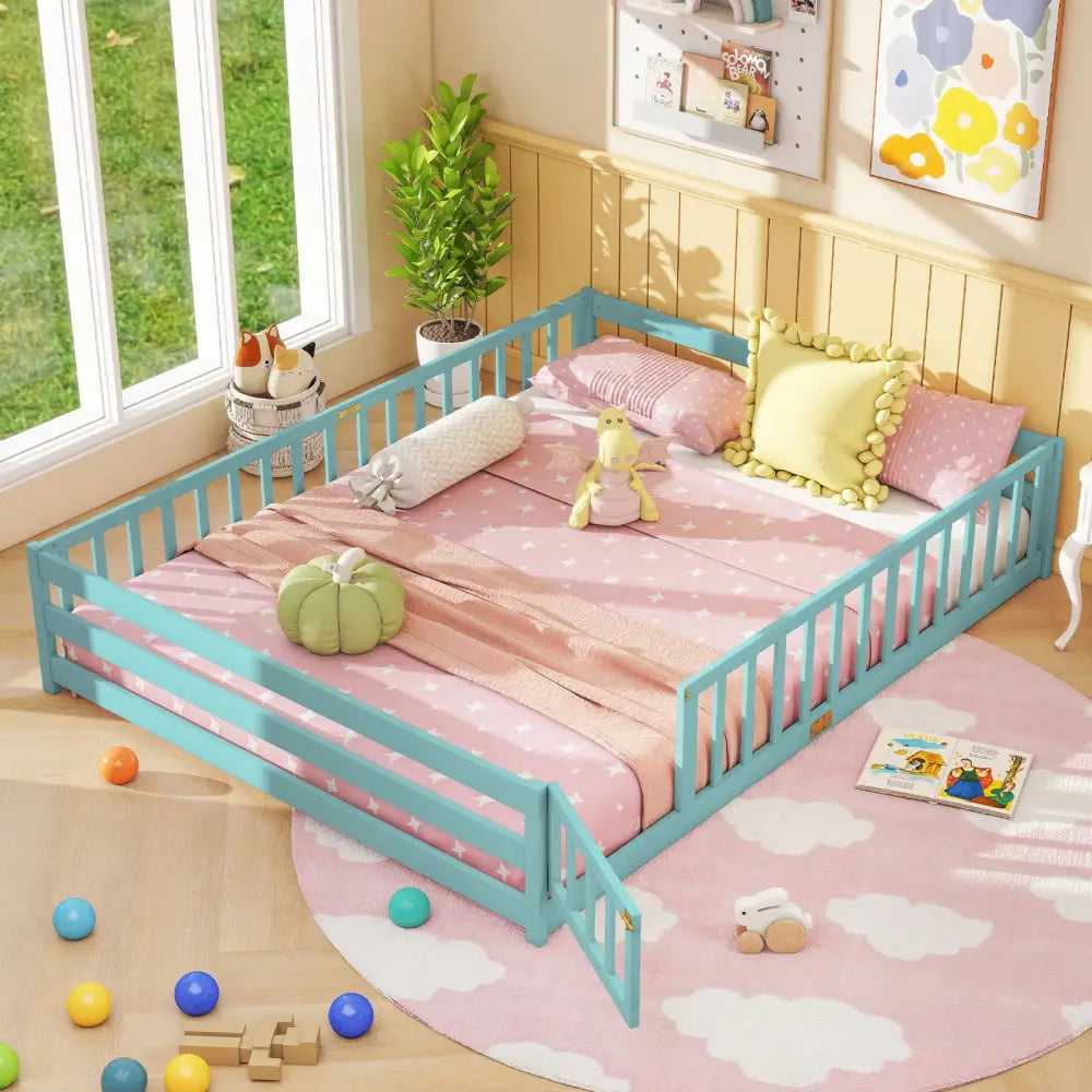 Queen Size Floor Bed Kids Montessori Bed Frame with Full Length Safety Guardrails-Dark Green - Dark Green - Simple Bed