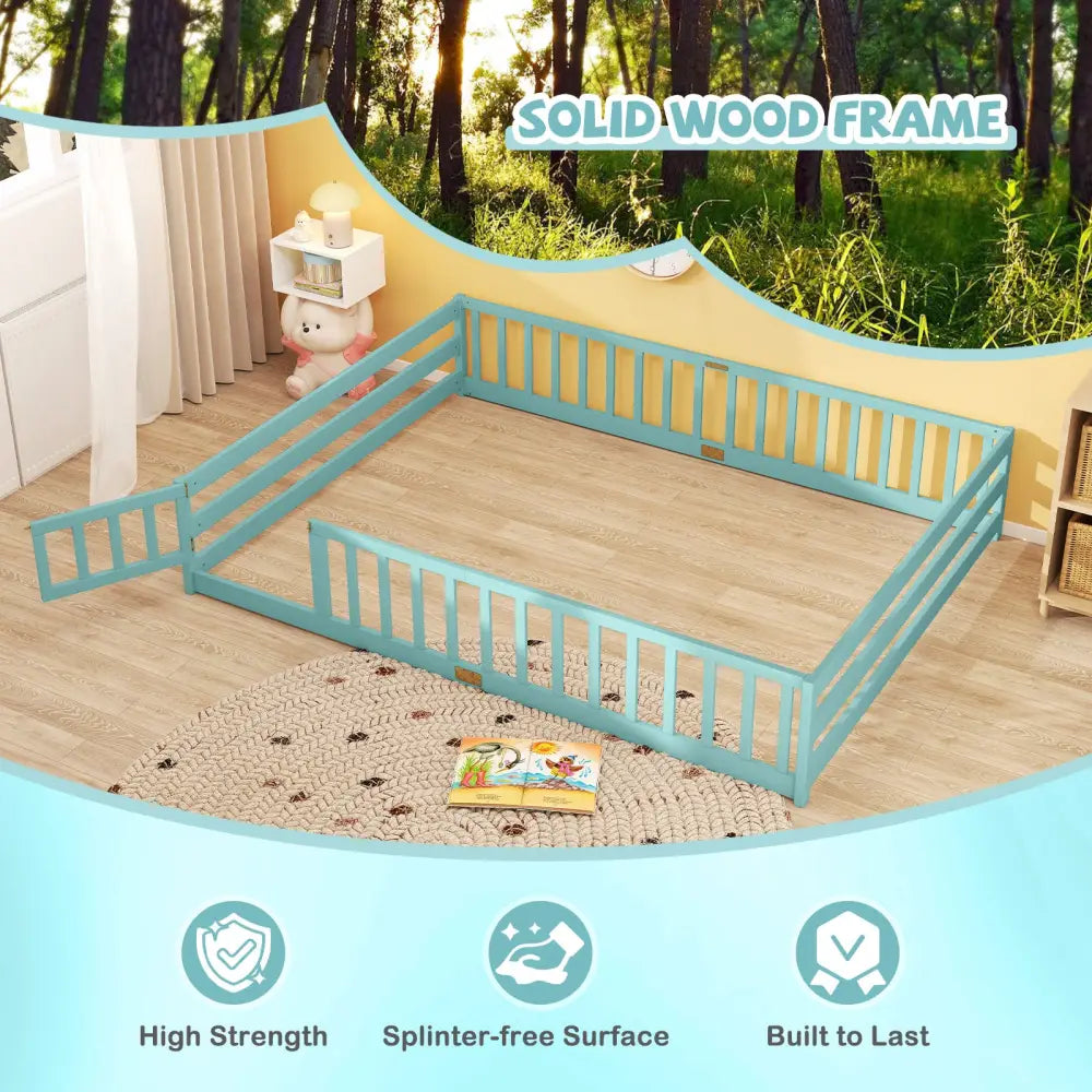 Queen Size Floor Bed Kids Montessori Bed Frame with Full Length Safety Guardrails-Dark Green - Dark Green - Simple Bed