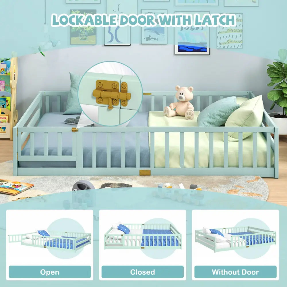 Queen Size Floor Bed Kids Montessori Bed Frame with Full Length Safety Guardrails-Green - Green - Simple Bed Frame