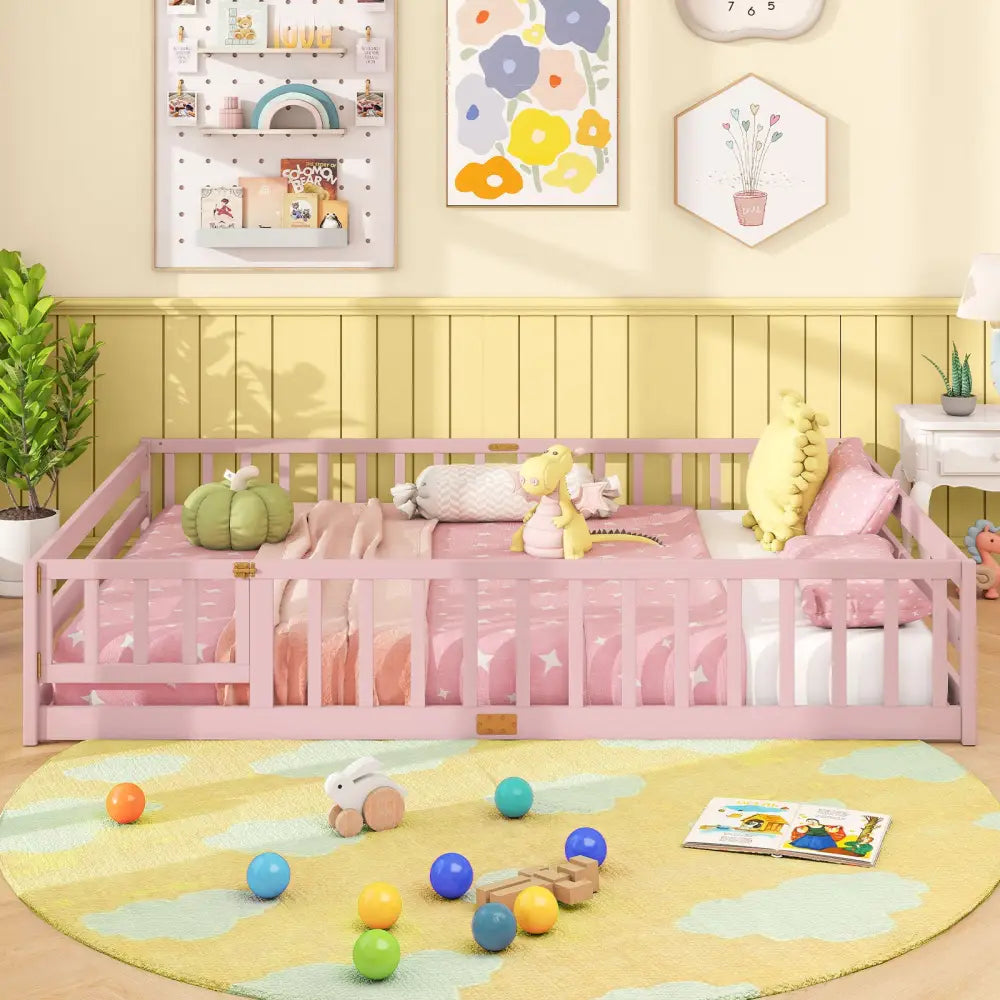 Queen Size Floor Bed Kids Montessori Bed Frame with Full Length Safety Guardrails-Pink - Pink - Simple Bed Frame