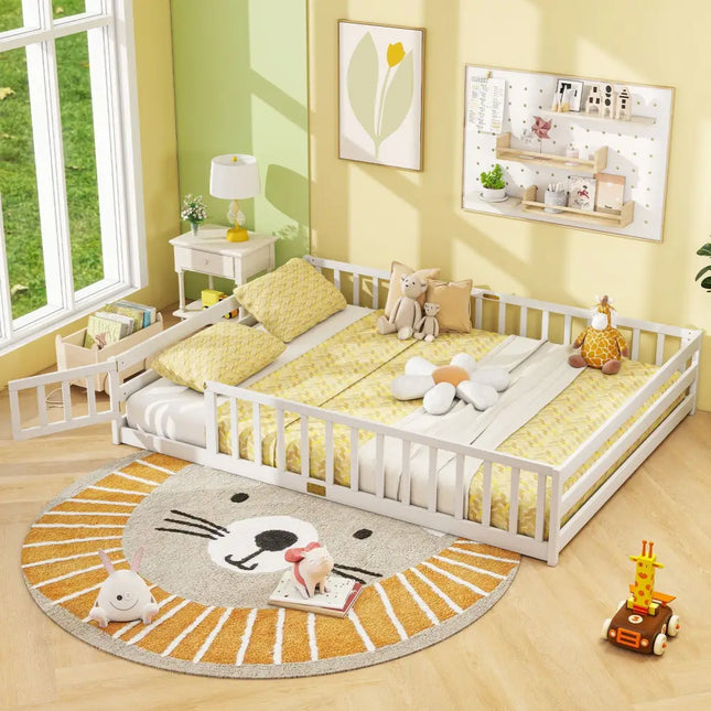 Queen Size Floor Bed Kids Montessori Bed Frame with Full Length Safety Guardrails-White - White - Simple Bed Frame
