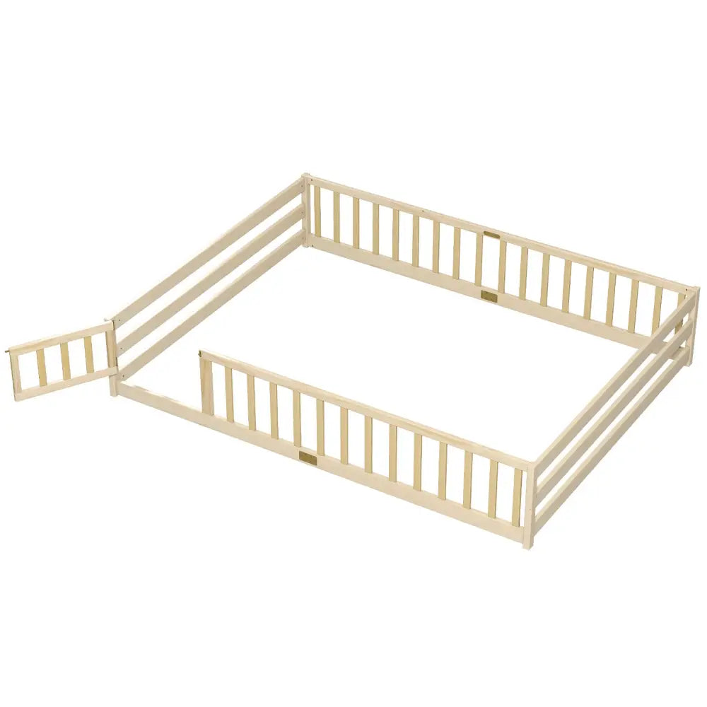 Queen Size Floor Bed Kids Montessori Bed Frame with Full Length Safety Guardrails-Natural - Natural - Simple Bed Frame